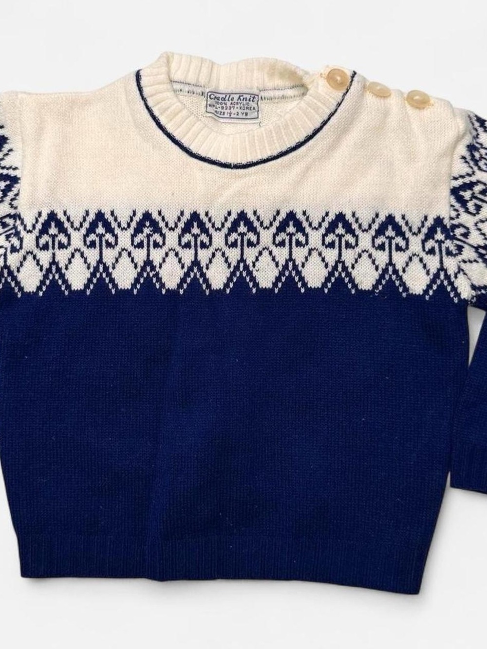 Cradle Knit VTG 40s 50s Baby Knit Sweater Boys Soft Button Neck Blue White 1.5-2